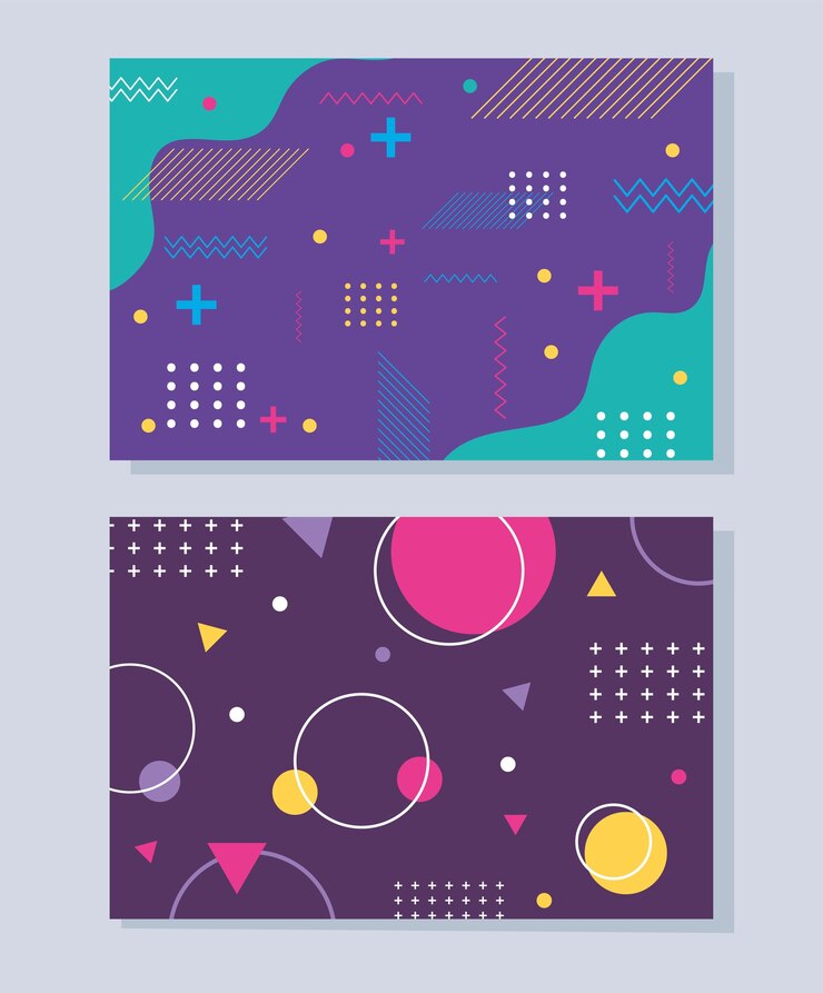 Vector conjunto de banner abstracto moderno de memphis, ilustración geométrica de formas de color de diseño mínimo