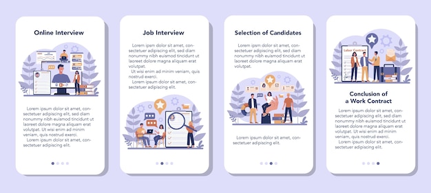 Conjunto de banner de aplicación móvil de entrevista de trabajo. Idea de empleo y contratación. Búsqueda de jefe de contratación. Ilustración de vector plano aislado