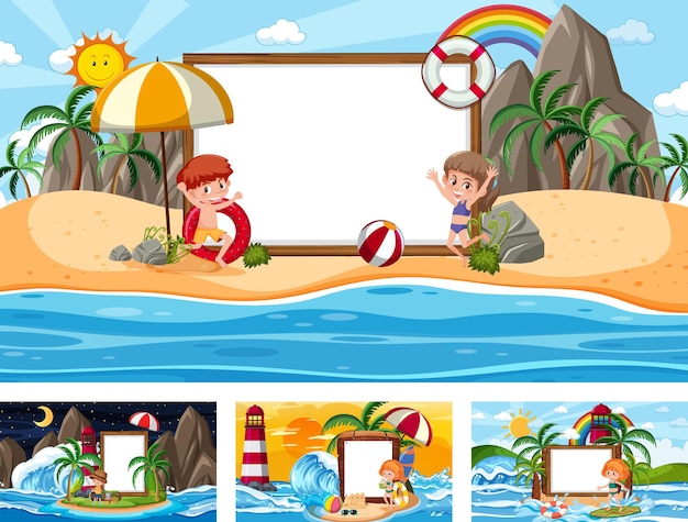 Conjunto de banner en blanco en diferentes escenas de playas tropicales.