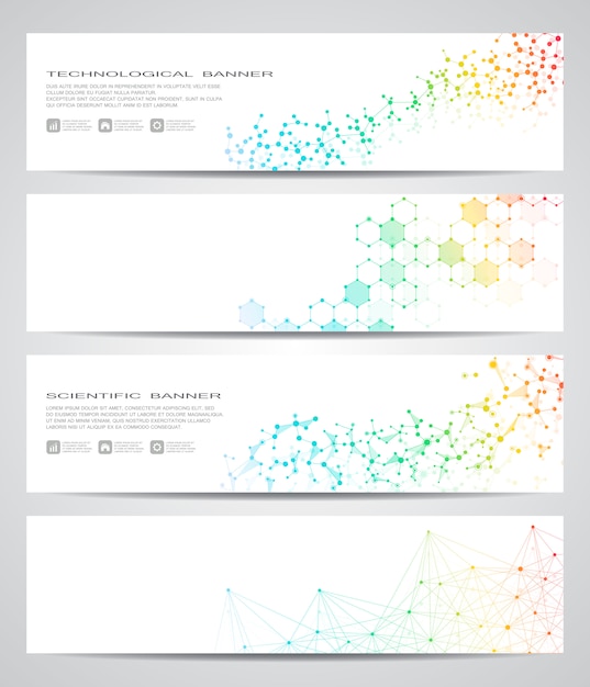 Conjunto de banner científico moderno conjunto de adn de estructura de molécula y neuronas