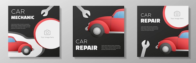 Conjunto de banner cuadrado de publicación de redes sociales de mecánico de automóviles concepto de anuncio de servicio de reparación automotriz