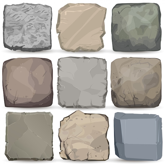 Conjunto de banner de dibujos animados de piedra roca. Panel cuadrado de piedra. Gran estilo plano de roca.