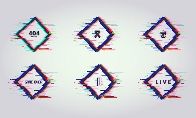 Vector conjunto de banner de efecto de falla diseño de marco dinámico cuadrado con juego de ofuda sobre página de error de vih de farmacia signo en vivo