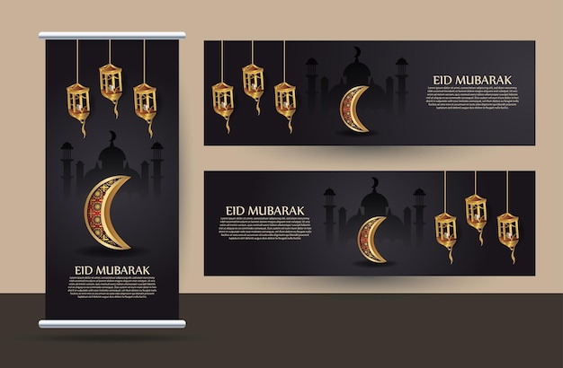 Conjunto de banner enrollable con concepto islámico (eid mubarak).