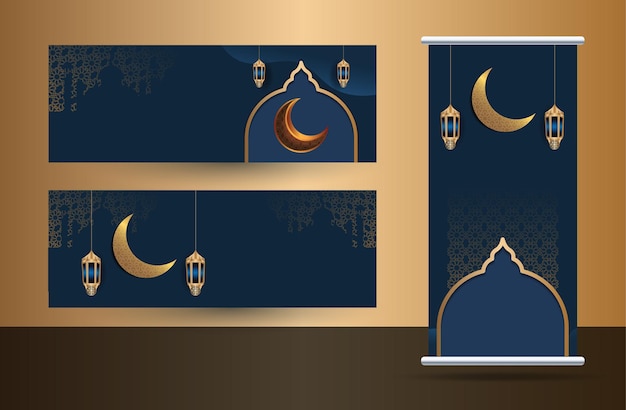 Vector conjunto de banner enrollable con concepto islámico (eid mubarak).