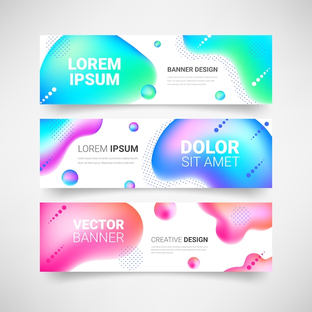 Conjunto de banner horizontal de formas fluidas de neón. Fondo moderno abstracto del color líquido. Colorida colección de elementos de diseño geométrico degradado. Para web, portada, volante, encabezado, página, anuncio. ilustración