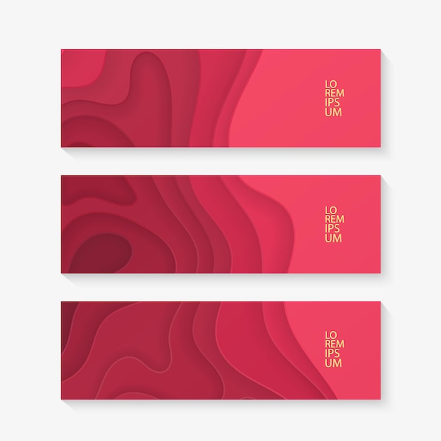 Conjunto de banner horizontal, plantilla con diseño de corte de papel rojo.