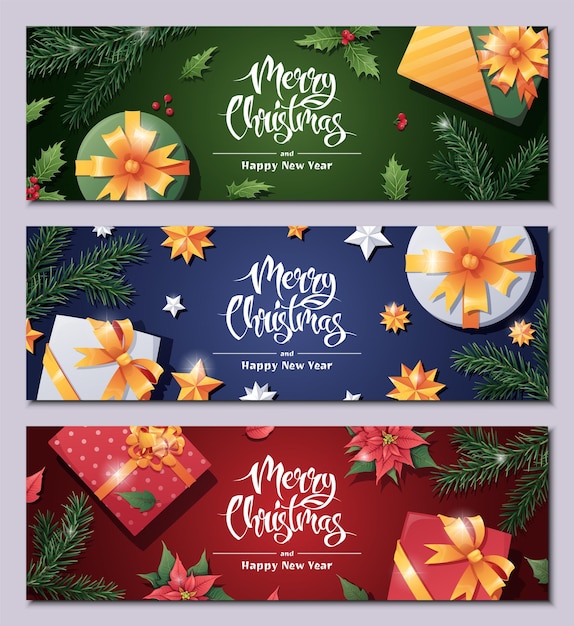 Conjunto de banner horizontal con saludos navideños, cartel de volante con caja de regalo, rama de abeto, estrellas, holly poinsettia, feliz Navidad y próspero año nuevo
