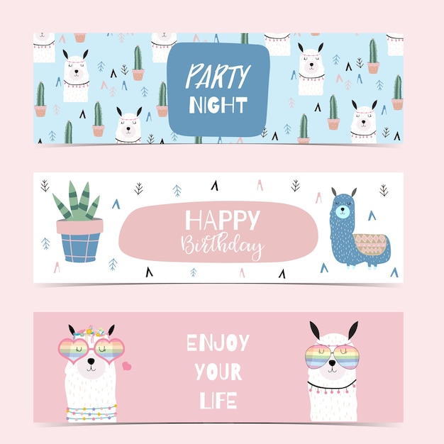 Conjunto de banner lindo con llama y cactus.