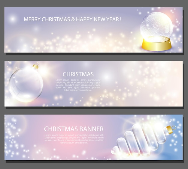 Conjunto de banner de Navidad horizontal Snowglobe y juguete de vidrio transparente y bola sobre fondo resplandor
