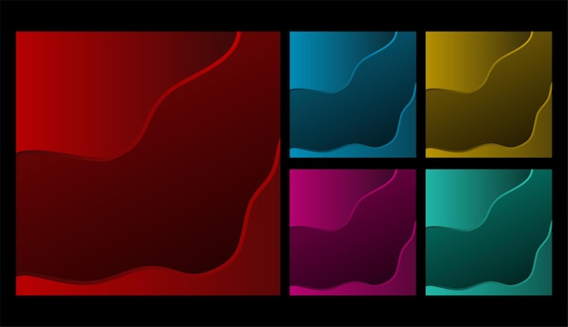 Conjunto de banner de plantilla de degradado de onda colorida. Fondo cuadrado rojo, azul amarillo, rosa púrpura, verde. Ilustración vectorial.