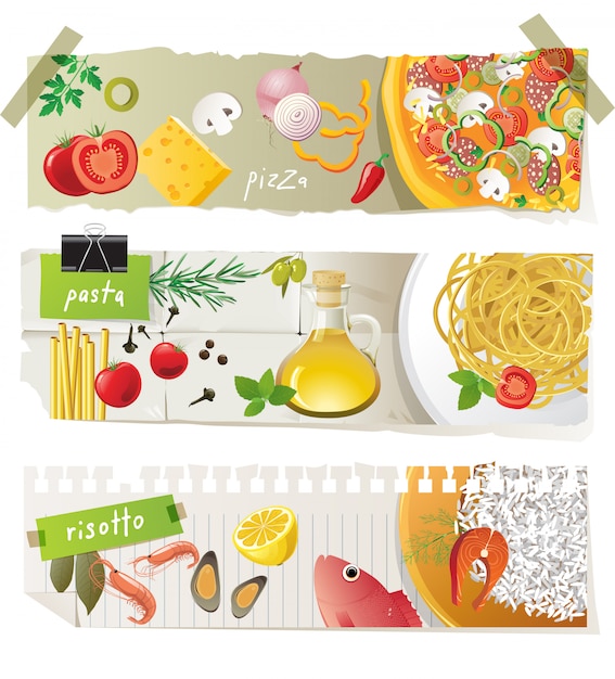 Vector conjunto de banner de platos de cocina italiana