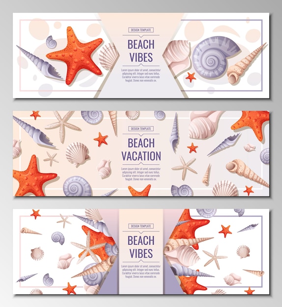 Conjunto de banner de playa con conchas y estrellas de mar Océano mar vacaciones vector fondo Webbaner