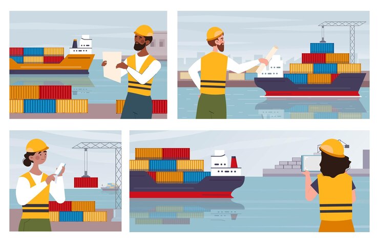 Vector conjunto de banner de puerto de buque de carga