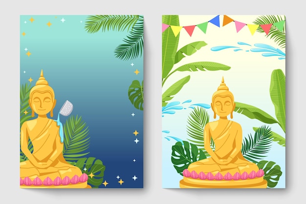 Vector conjunto de banner de tarjeta de felicitación del festival songkran decorado con buda con hoja y elemento con espacio vacío para diseñador gráfico insertar texto vector ilustración