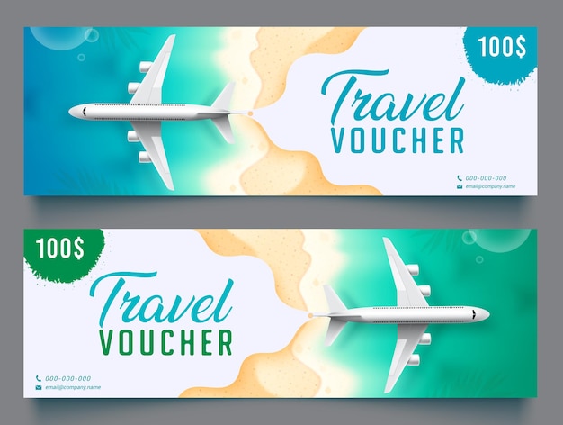 Conjunto de banner de vector de bono de viaje texto de colección de bono de viaje con elemento de vuelo de avión