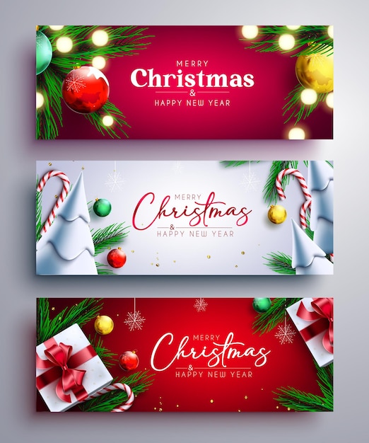 Vector conjunto de banner de vector de navidad texto de saludo de feliz navidad con decoración de navidad