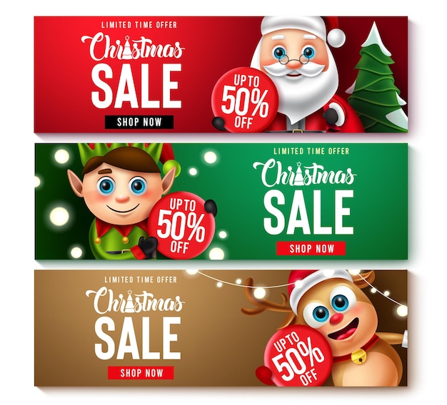 Conjunto de banner de vector de venta de Navidad Feliz Navidad con descuento promocional de oferta por tiempo limitado