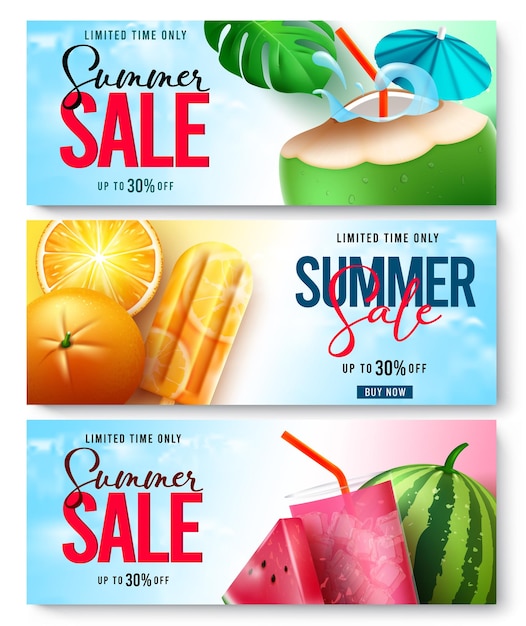 Conjunto de banner de vector de venta de verano Texto de venta de verano en diseño de frutas y bebidas con descuento promocional