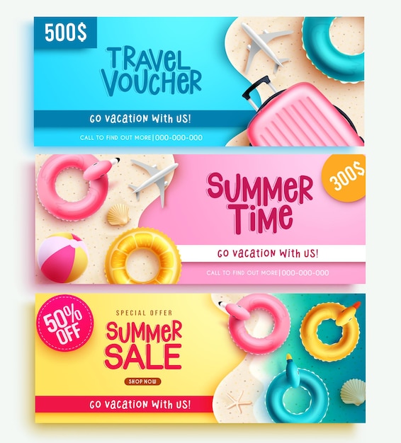Conjunto de banner de vector de verano Bono de viaje de venta de verano y banner de tiempo para negocios de vacaciones