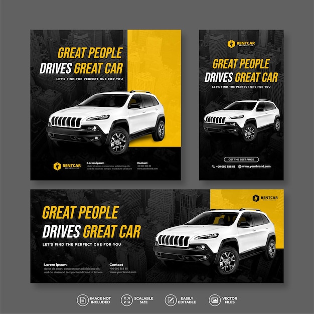 Vector conjunto de banner de venta y alquiler de coches amarillo moderno y elegante para el vector de plantilla de historia y publicación de medios sociales