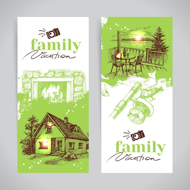 Vector conjunto de banner vintage de vacaciones familiares con ilustraciones de vectores de croquis dibujados a mano