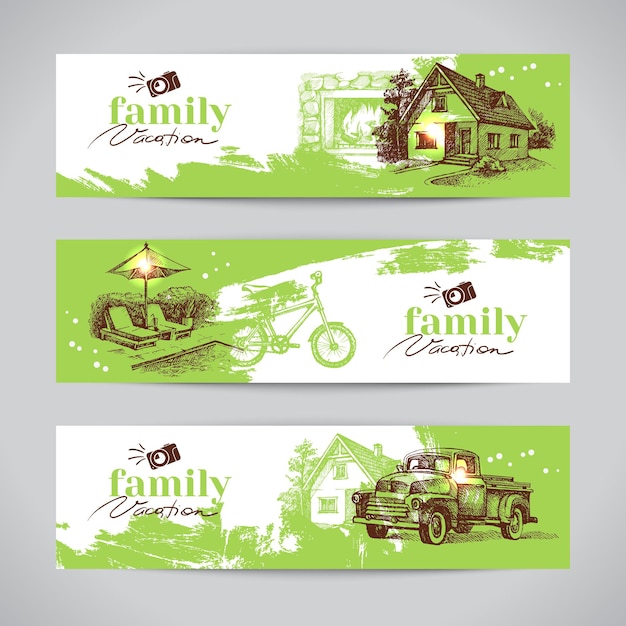 Conjunto de banner vintage de vacaciones familiares con ilustraciones de vectores de croquis dibujados a mano