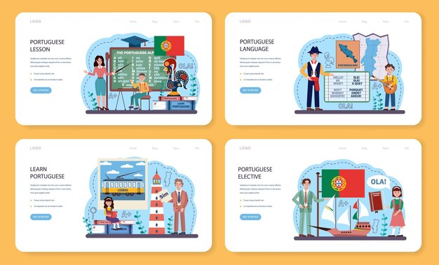 Conjunto de banner web o página de destino de aprendizaje de idioma portugués. Escuela de idiomas