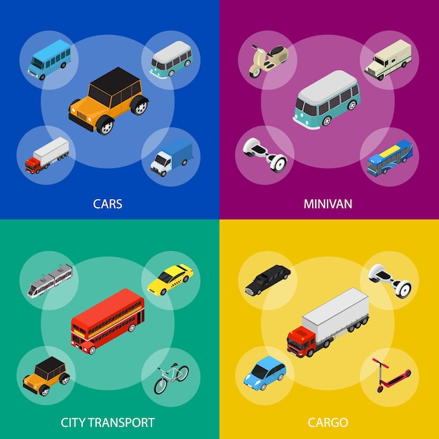 Vector conjunto de banners 3d de transporte vista isométrica incluye el motor del autobús, el camión, el taxi y la ilustración vectorial del ícono de van