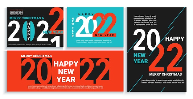 Conjunto de banners de año nuevo 2022, volantes, tarjetas, carteles en negro, rojo, azul. Folletos modernos, invitaciones y tarjetas de felicitación, folletos, encabezados, diarios de negocios, cubierta de calendario con números para 22 años.