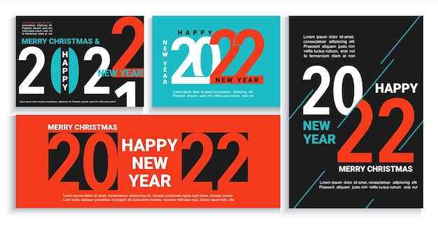 Conjunto de banners de año nuevo 2022, volantes, tarjetas, carteles en negro, rojo, azul. folletos modernos, invitaciones y tarjetas de felicitación, folletos, encabezados, diarios de negocios, cubierta de calendario con números para 22 años.