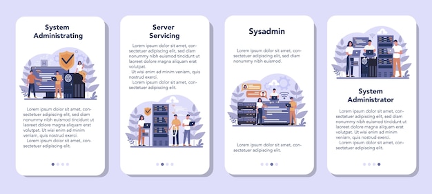 Conjunto de banners de aplicaciones móviles de administrador del sistema. Personas que trabajan en la computadora y que realizan trabajos técnicos con el servidor. Configuración de redes y sistemas informáticos. Ilustración de vector plano aislado