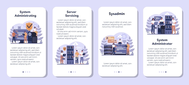 Conjunto de banners de aplicaciones móviles de administrador del sistema. personas que trabajan en la computadora y que realizan trabajos técnicos con el servidor. configuración de redes y sistemas informáticos. ilustración de vector plano aislado