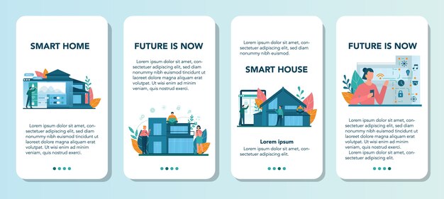 Conjunto de banners de aplicaciones móviles de casa inteligente. Idea de tecnología inalámbrica y automatización. Seguridad electrónica y luz. Innovación digital. Ilustración vectorial en estilo de dibujos animados