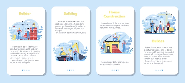 Conjunto de banners de aplicaciones móviles de construcción de viviendas. Trabajadores que construyen casa con herramientas y materiales. Proceso de construcción de viviendas. Concepto de desarrollo de la ciudad.