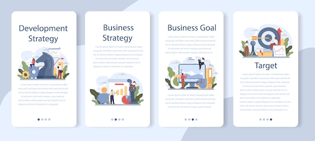 Conjunto de banners de aplicaciones móviles de estrategia de desarrollo. Planificación empresarial. Idea de promoción empresarial y crecimiento de beneficios. Desarrollo de gestión y marketing. Ilustración plana aislada