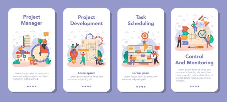 Vector conjunto de banners de aplicaciones móviles de gestor de proyectos. planificación, desarrollo y programación de proyectos comerciales exitosos. estrategia de gestión y marketing. ilustración vectorial en estilo de dibujos animados