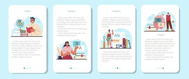 Conjunto de banners de aplicaciones móviles lingüísticas. Estudio científico del lenguaje