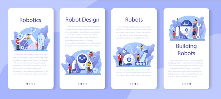Vector conjunto de banners de aplicaciones móviles de materia escolar de robótica. ingeniería y programación de robots. idea de inteligencia artificial y tecnología futurista. ilustración de vector aislado