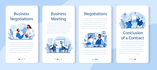 Conjunto de banners de aplicaciones móviles de negociaciones comerciales. Planificación y desarrollo empresarial. Futuro proceso de asociación comercial, intercambio de ideas o trabajo en equipo.