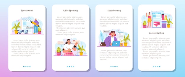 Conjunto de banners de aplicaciones móviles de Speechwriter. El orador o periodista profesional escribe un contenido para un anuncio público. Redactor creando texto para medios. Ilustración vectorial plana