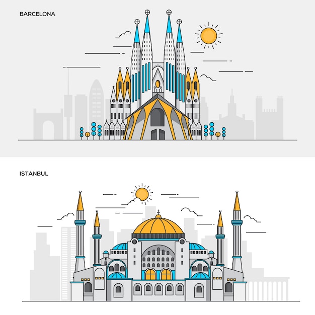 Vector conjunto de banners de color de línea para la ciudad de barcelona y estambul. conceptos de banner web y materiales impresos. ilustración