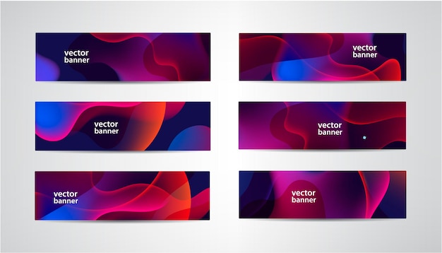 Vector conjunto de banners coloridos ondulados abstractos, encabezados de gradiente de flujo