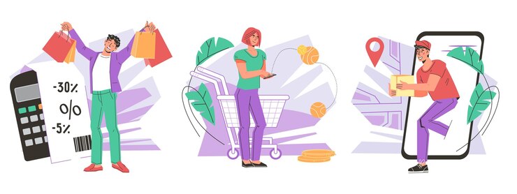 Vector conjunto de banners de compras en línea que representan la entrega y el pedido en el vector plano de la tienda en línea