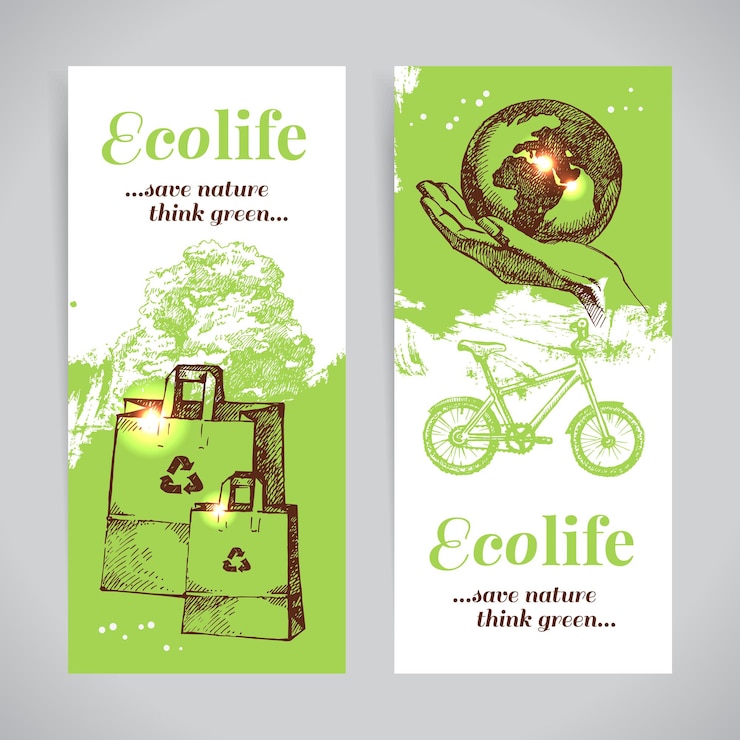 Vector conjunto de banners de ecología de bosquejo. ilustración de vector dibujado a mano