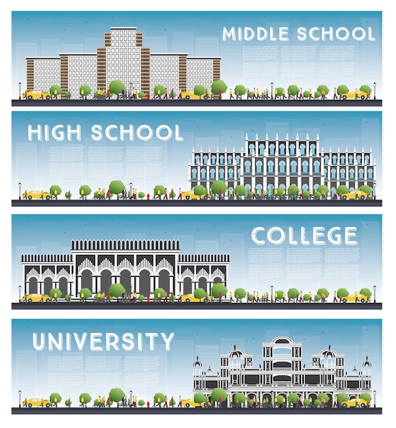 Vector conjunto de banners de estudios universitarios, secundarios y universitarios.