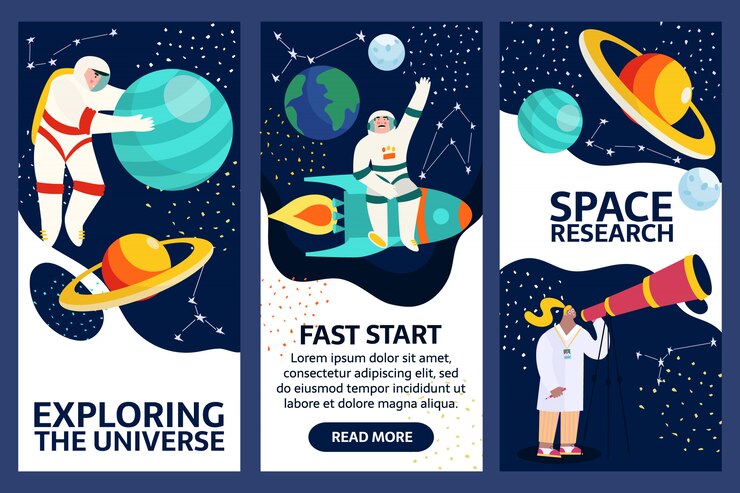 Vector conjunto de banners de exploración del espacio. spaceman en el espacio ultraterrestre con estrellas, luna, cohetes, asteroides, constelaciones de fondo. astronauta fuera de la nave espacial explorando el universo y la galaxia.
