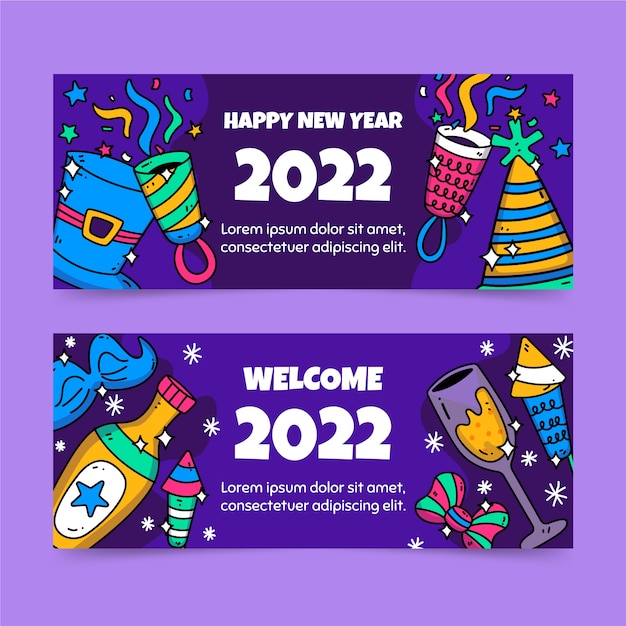 Conjunto de banners de feliz año nuevo 2022 dibujados a mano