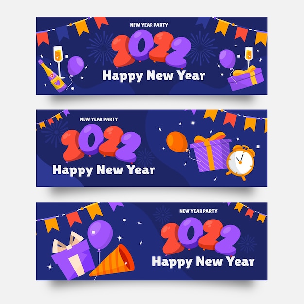 Conjunto de banners de feliz año nuevo 2022 planos dibujados a mano