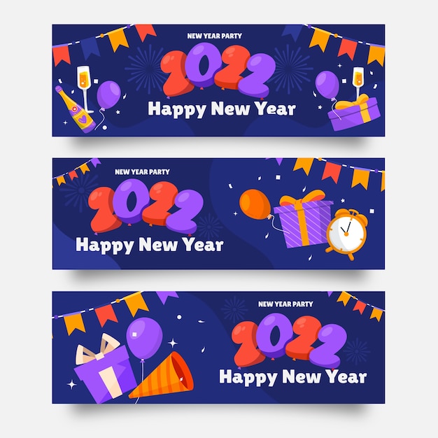 Vector conjunto de banners de feliz año nuevo 2022 planos dibujados a mano